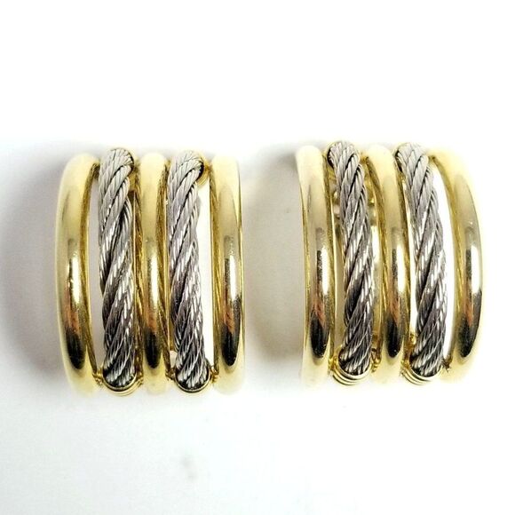Vintage Clip On Wide Hoop Earrings, Silver Tone Twists Gold Tone Tubea, Classic - Picture 1 of 6